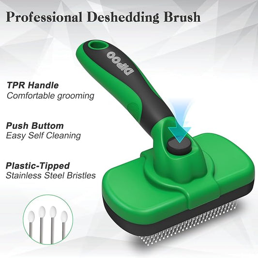 Dipoo Self Cleaning Deshedding Brush for Dogs & Cats - Skin Friendly Grooming Tool with Hair Removal for Haired Pets, Green