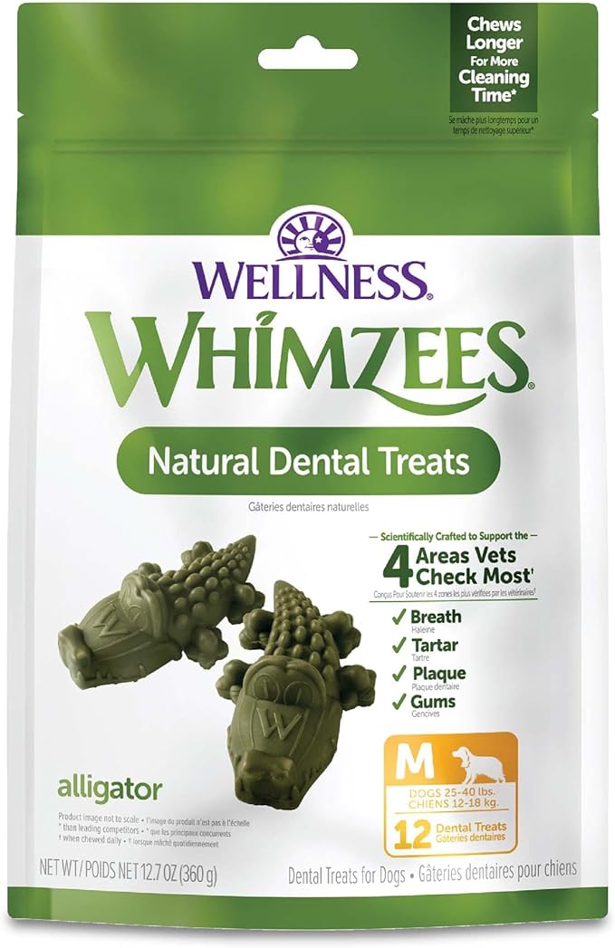 Whimzees Wellness Alligator Dog Dental Treats, Medium Size, (12 Count)