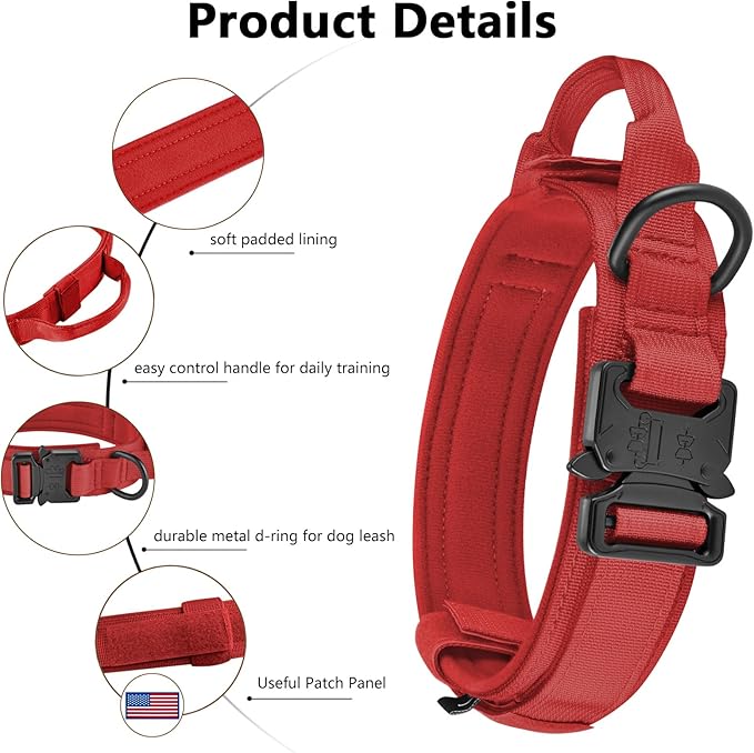 DAGANXI Tactical Dog Collar, Adjustable Military Training Nylon Dog Collar with Control Handle and Heavy Metal Buckle for Medium and Large Dogs, with Patches and Airtags Case (Red, L)