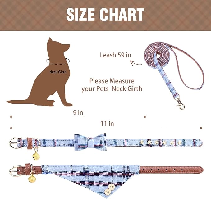 KOOLTAIL Small Dog Collar and Leash Set with Bowtie and Bells - Cute Puppy Bandana Collar and Leash for Male with Classic Plaid Pattern, Soft Leather Tangle Free Leashes for Small Dogs Boys Girls,Blue