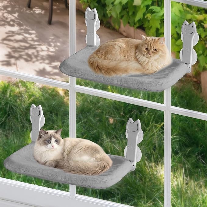 2 Pack Cat Window Perch,Cat Window Hammock Cordless Foldable Window Bed with 4 Large Strong Suction Cup,Reversible Cushion Cover,Metal Frame Easy to Adjust Window Seat Holds up to 40lbs(Gray，M)