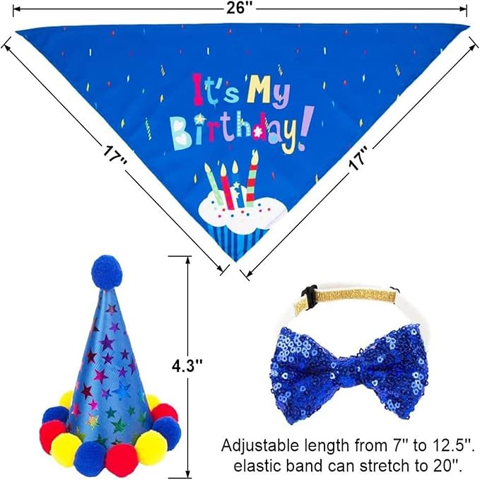 Pet Birthday Party Set,Dogs Bandana and Dog Birthday Hat with Star Pattern Design, Adjustable Sequin Bow tie Accessories, Blue Birthday Boy Scarf (Dark Blue)