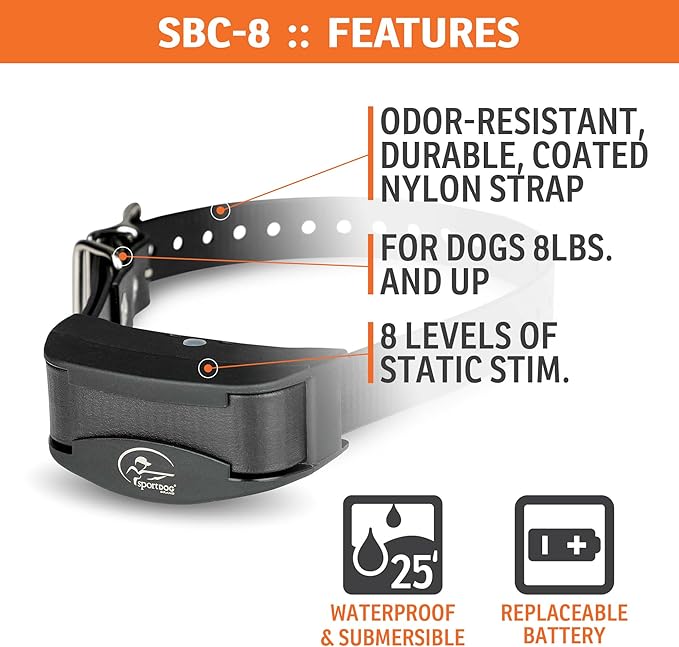 SportDOG NoBark SBC-8 - Lightweight Progressive Bark Correction Collar - Helps Discourage Nuisance Barking - Multiple Static Correction Levels