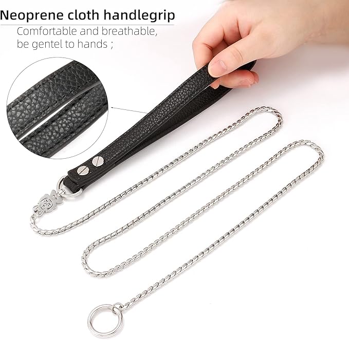 CaptainSteeL Stainless Steel Dog Leash, 3ft, 4ft, Integrated Dog Collar and Leash, 5mm 1m/1.2m Metal Dog Leash for Small and Large Pets, with Leather Handle
