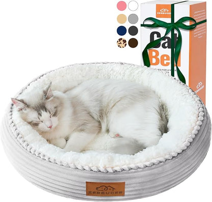 Zerbuger 20in Washable Cat Beds for Indoor Cats - Round Donut Pet Bed for Cats, Small Dogs, Puppy, Kitten - Anti-Slip Bottom, Calming Bed Gift - Ideal for Every Home Space - Light Grey