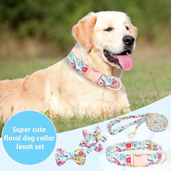 Dog Collar and Leash Set Girls Adjustable Puppy Collars with Floral Bow Tie for Small Medium Large Female Dogs, Teal Flower, XS