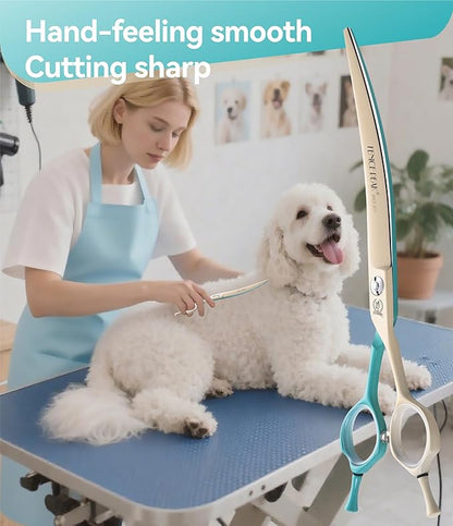 Fenice Peak Curved Dog Grooming Scissors with Coating 440C Stainless Steel, 7 inch Professional Curved Shears Dog Grooming，25 Degree of Curved Blade，Pet Shear for Trimming Face and Paws, Green & White