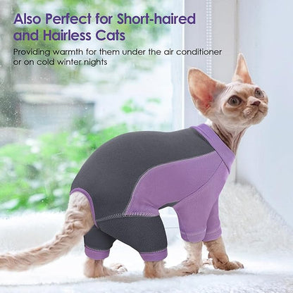 SUNFURA Hair Sticky Cat Clothes, Cat Sweater for Cats Only, 4-Legged Fleece Sweaters Kitten Pajamas Reduce Shedding Fur, Warm Pullover Shirts for Cats, Purple S