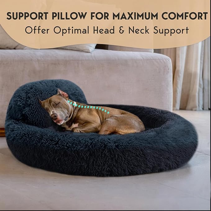 PetJett Calming Dog Beds Large Sized Dog - 36'' Round Bed, Anti-Slip & Washable Super Soft Donut Bed, Fluffy Faux Fur Anti-Anxiety Premium Comfort Pet Bed, Fits Dogs up to 80 lbs - Dark Grey