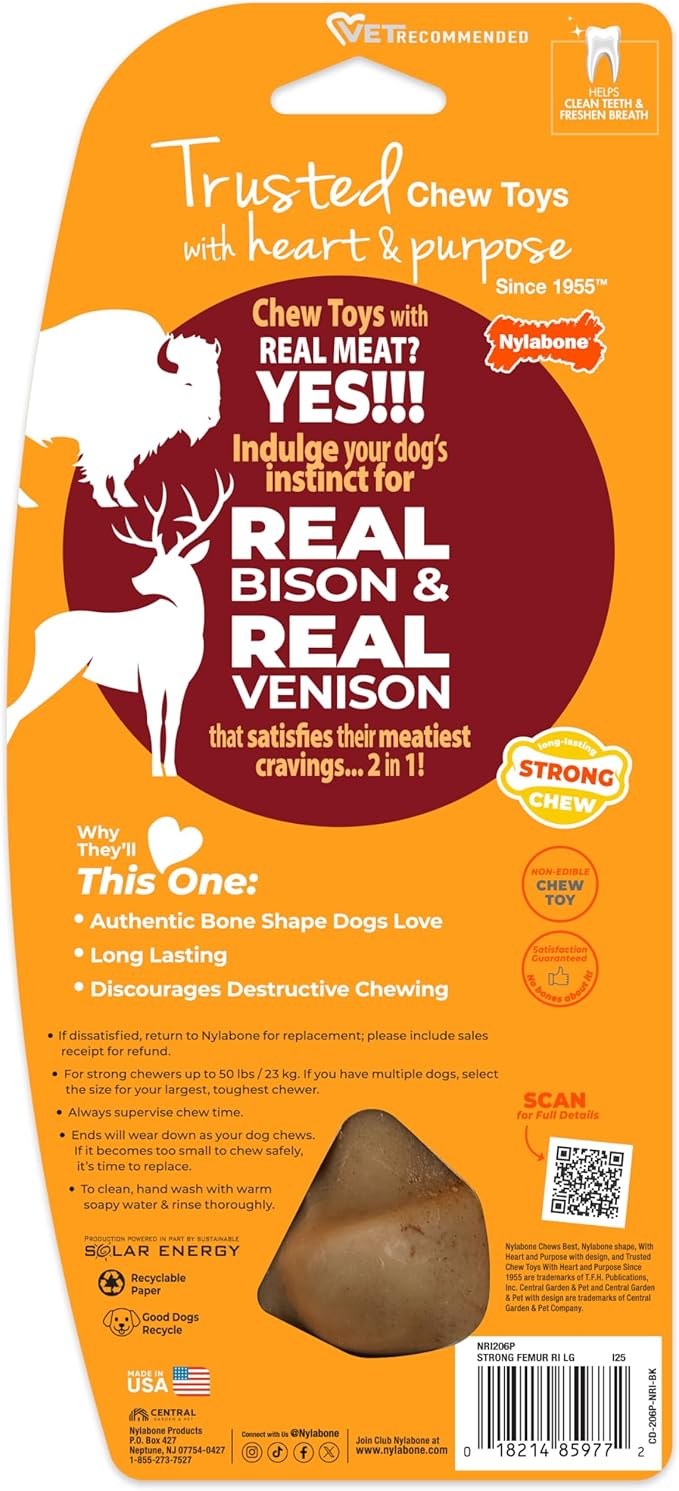 Nylabone Femur Bone Strong Chew Toy for Dogs Made with Real Bison & Venison, Durable Dog Chew Bones for Aggressive Chewers, Long-Lasting Flavor Keeps Dogs Busy, Large Dog Toys - Up to 50 lbs, 1 Count
