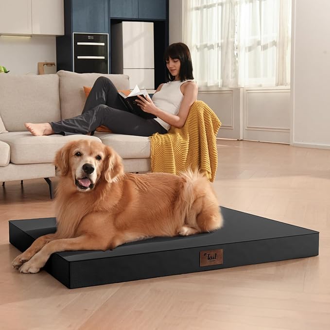 Tail Stories Outdoor Orthopedic Dog Bed, Waterproof Dog Bed for Large Dogs 36x27 Inch, Egg Crate Foam Pet Mat with Washable Removable Oxford Cooling Cover, Black