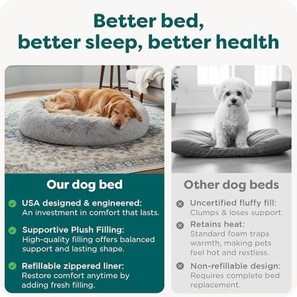 FurHaven 23" Calming Donut Dog Bed for Small Dogs & Cats, Round Plush Donut Design with Soft Filling for Snuggling Comfort, Removable Washable Cover, Small, Shaggy Faux Fur, Mist Gray