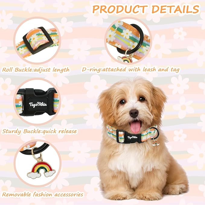 Dog Collar with Rainbows & Flowers Patterns, Spring Summer Collection Dog Collar with Exquisite Pendant, Durable Adjustable Collars for Gifts & Daily Use-M