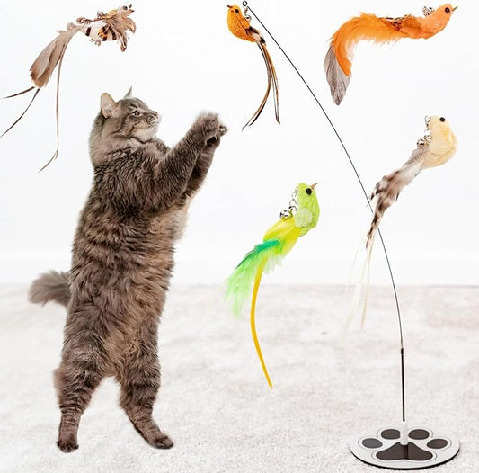 GADGETSOLOGY Interactive Bird Simulation Cat Toy Set for Bored Indoor Adult Cats Feather Toy Wand 5 Pcs Natural Bird Feathers Stable Round Base Wand Cat Toys for Indoor Cats Hunting Toys
