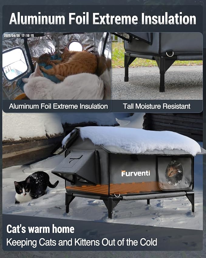 Heated Cat House for Outside,Extremely Weatherproof&Insulated in Winter,Elevated Outdoor Cat Shelter with Waterproof Eaves&Escape Door for Feral Stray Barn Cats(Dark Grey,L)