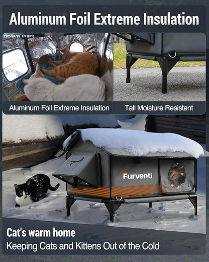 Heated Cat House for Outside,Extremely Weatherproof&Insulated in Winter,Elevated Outdoor Cat Shelter with Waterproof Eaves&Escape Door for Feral Stray Barn Cats(Dark Grey,L)