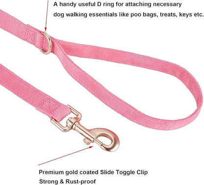 Ewinoom Soft Corduroy Dog Collar and Leash Set Adjustable Durable Dog Collars with Metal Buckle and Lead for Female Small Dogs,Hot Pink