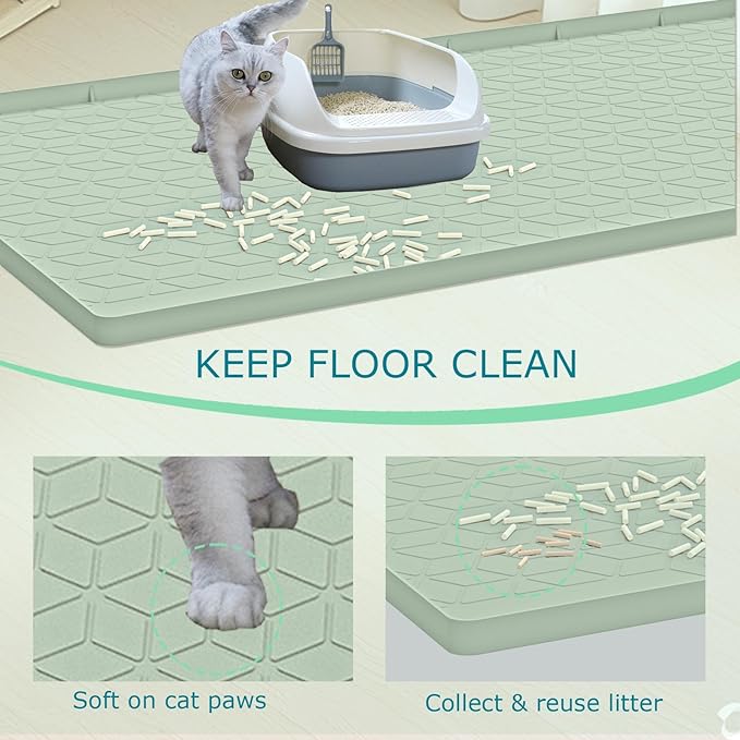 Jacooxi Cat Litter Mat, Silicone Large Cat Mat for Litter Box - 28x22 in, Waterproof & Non-Slip, Durable & Easy Clean, Green