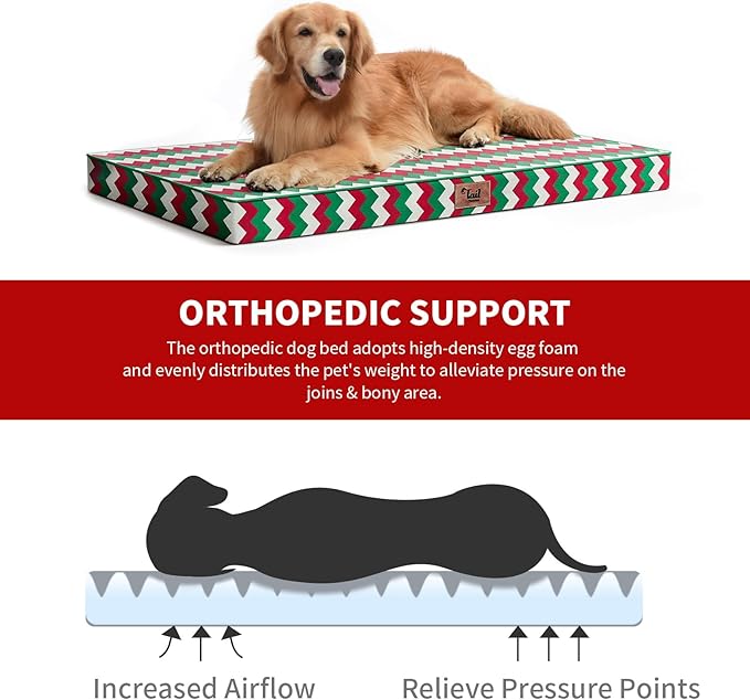 Tail Stories Outdoor Extra Large Dog Bed, Christmas Waterproof Dog Bed for Large Dogs, Egg Crate Foam XL Pet Bed with Removable Washable Oxford Cooling Cover, Stripe