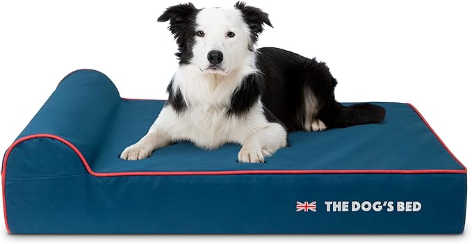 The Dog’s Bed Orthopedic Headrest Dog Bed Large Blue Oxford with Red Trim UK Flag Dog Bed, Memory Foam, Hip & Elbow Dysplasia, Post Surgery, Waterproof Washable Cover, Veterinary Approved