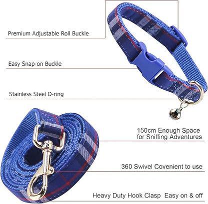 NISIYE Cute Plaid Dog Collar Harness and Leash with Safety Buckle - Adjustable and No Pull Comfortable Dog Collars for Small Puppy, Stylish Durable Gift for Boy Girl Pets