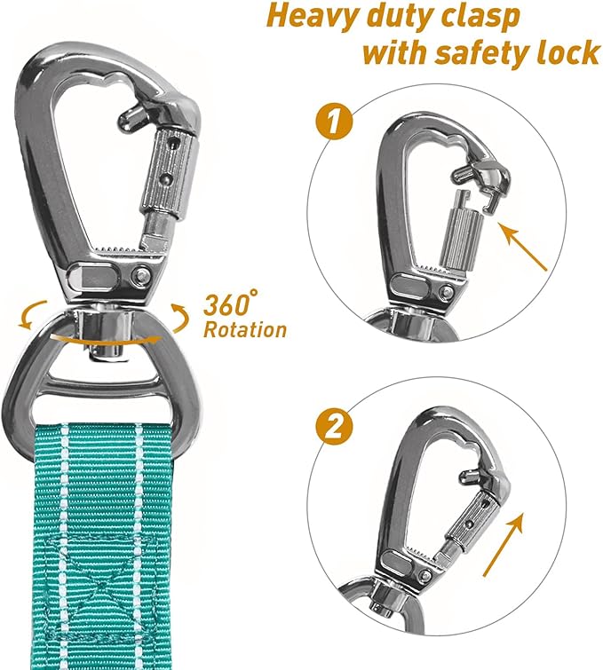 AUBELL Tactical Dog Leash Heavy Duty,4-6ft Reflective Strong No Pull Bungee Leash for Medium Large Dogs with Comfortable Padded Double Handle,Car Seat Belt,360 Degree Rotating Carabiner,Teal