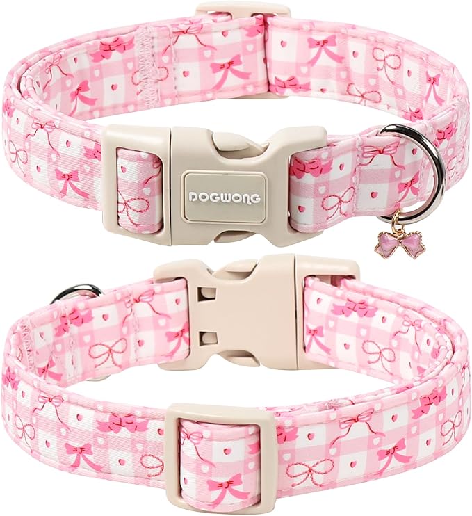 DOGWONG Pink Plaid Dog Collar-Cute Pink Bowtie Print Dog Collar, Adjustable Cotton Girl Female Pet Collar with Quick Release Buckle,L