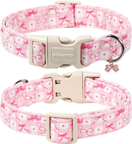 DOGWONG Pink Plaid Dog Collar-Cute Pink Bowtie Print Dog Collar, Adjustable Cotton Girl Female Pet Collar with Quick Release Buckle,S
