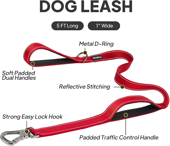 PetiFine 5FT Heavy Duty Dog Leash with Soft Padded Double Handle, Durable Strong Clasp Dog Leashes, Reflective Nylon Walking Lead for Large,Medium,Small Breed Dogs, Red