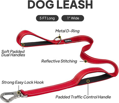 PetiFine 5FT Heavy Duty Dog Leash with Soft Padded Double Handle, Durable Strong Clasp Dog Leashes, Reflective Nylon Walking Lead for Large,Medium,Small Breed Dogs, Red