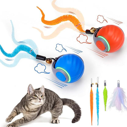 BABORUI 2Pack Interactive Cat Toy Ball - Automatic Interactive Cat Toys for Indoor Cats with 3 Tails, 2 Speeds Rechargeable Enrichment for Small/Medium/Large to Keep Them Busy