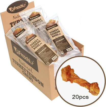 A Freschi srl Turkey Tendon of Dog Bones Shape, USA-Sourced, Limited-Ingredient, Rawhide-Free, Long-Lasting, All-Natural Dog Treats for Medium Dogs, 20 Count Box (M)