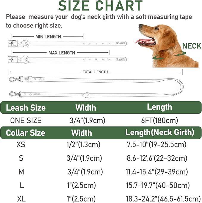 ZALER Dog Collar and Leash Set, Waterproof Adjustable Odor Proof Pet Collars Leashes Easy to Clean, 6FT Dog Leash with 2 Hooks for Large, Medium Small Dogs (XS, Green)