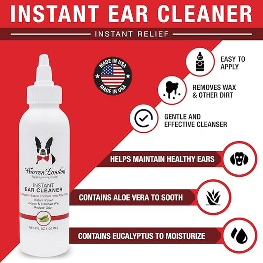 Warren London Ear Cleaner for Dogs & Cats 4 oz | Instant Aloe & Eucalyptus Ear Wash Solution – Cleans, Deodorizes, Soothes Itchy Ears, Prevents Wax & Odor | Puppy & Kitten Safe | Made in USA | 4oz