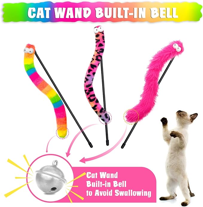 Lepawit 3 Pack Cat Wand Toy, Rainbow Cat Feather Toys with Bells, Teaser Wand with Soft Furry Tail, Interactive Toys for Indoor Cats & Kitten & Kitty