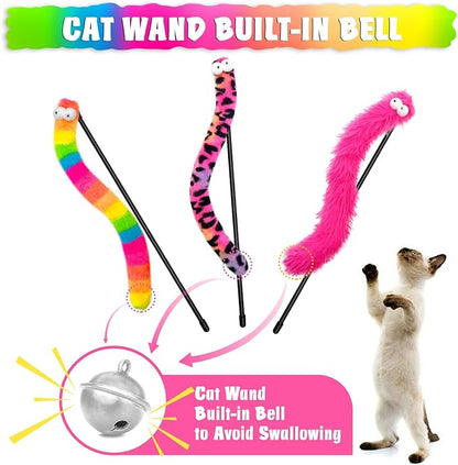 Lepawit 3 Pack Cat Wand Toy, Rainbow Cat Feather Toys with Bells, Teaser Wand with Soft Furry Tail, Interactive Toys for Indoor Cats & Kitten & Kitty