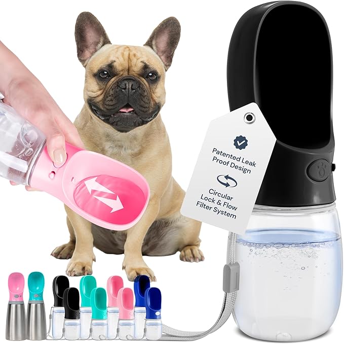 MalsiPree Trail Water Bottle for Dogs - 12oz, Black - Portable Dog Water Bottle & Bowl with Leak-Proof Plug, Food-Grade Plastic & One-Hand Operation for Pet Travel & Hiking