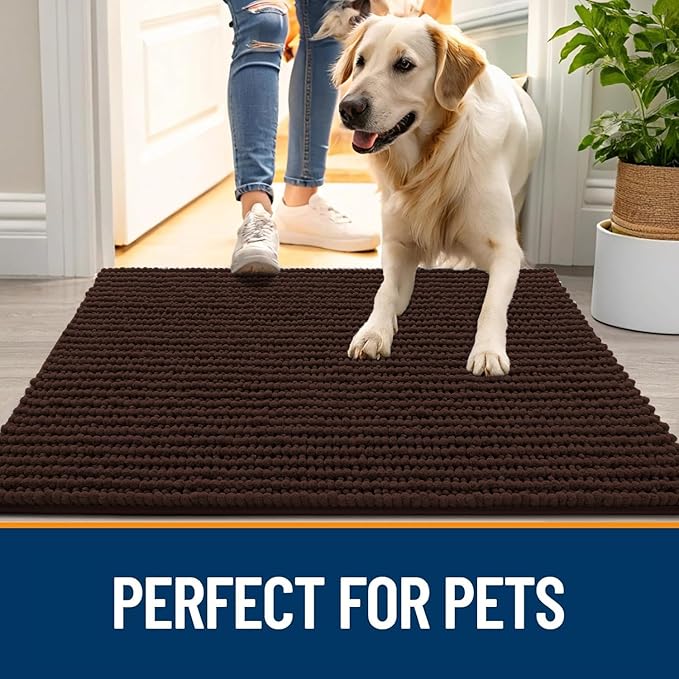 OLANLY Dog Door Mat for Muddy Paws 30x20, Ultra Absorbent Chenille Mud Doormat, Non-Slip Washable and Dirt Trapping Doormat for Indoor Entryway, Quick-Dry Indoor Pet Bed Mats for Dogs, Brown