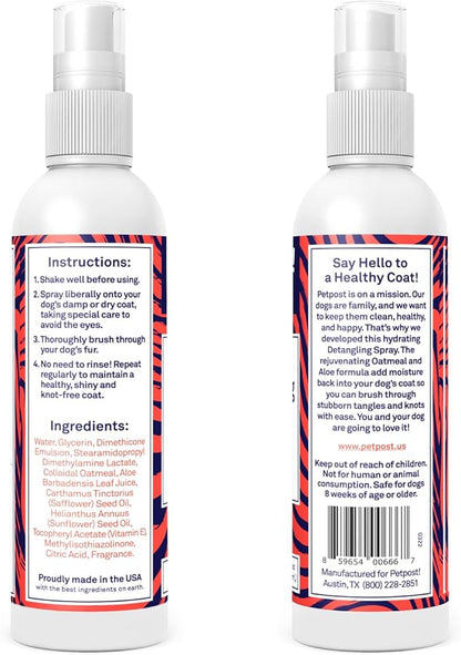 Petpost | Detangling Spray for Dogs with Knots, Mats & Tangles - Naturally Rejuvenating Dog Hair Detangler for Healthier, Shinier, Stronger Fur - Oatmeal, Aloe, and Vitamin E Formula 8 oz.