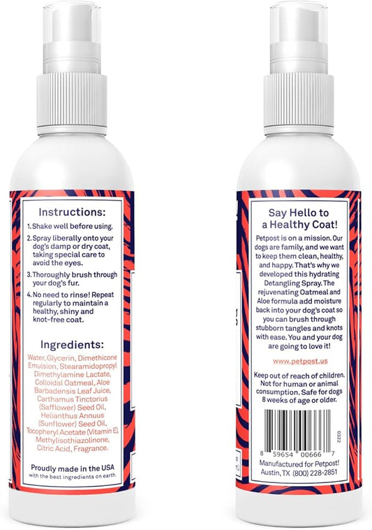 Petpost | Detangling Spray for Dogs with Knots, Mats & Tangles - Naturally Rejuvenating Dog Hair Detangler for Healthier, Shinier, Stronger Fur - Oatmeal, Aloe, and Vitamin E Formula 8 oz.