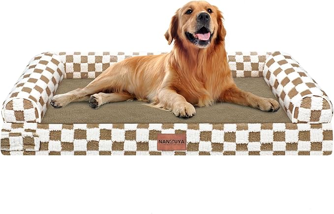 Large Dog Bed Orthopedic Washable: Beds Bolster XL Bed Big XLarge Dogs Egg Crate Foam Couch Sofa Waterproof with Removable Cover - Brown Grid