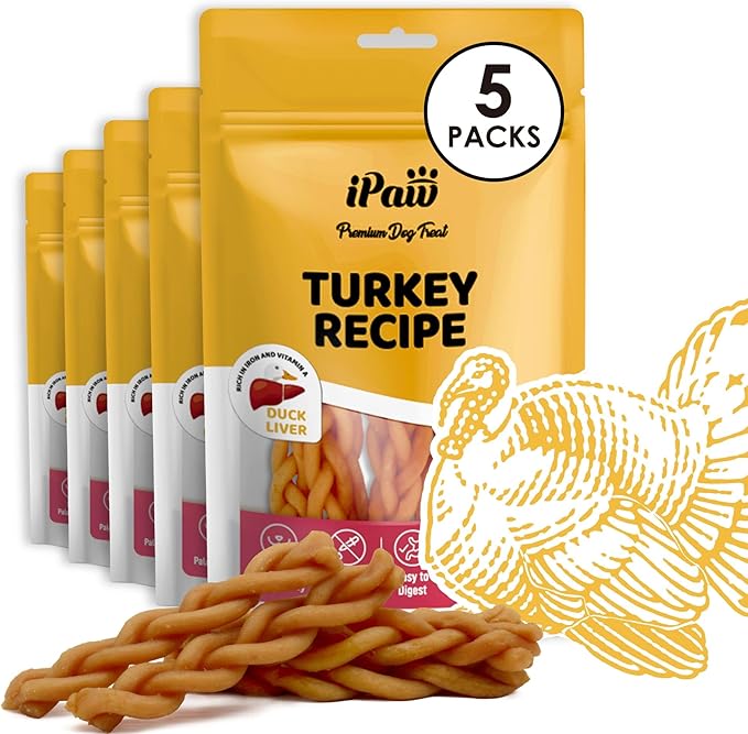 iPaw Turkey Dog Treats, All Natural Human Grade Dog Treat, Suitable for Training chew, US Sourced Raw Material, Hypoallergenic, Rawhide Alternative, Braided Stick (Duck Liver), 5packs