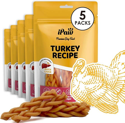 iPaw Turkey Dog Treats, All Natural Human Grade Dog Treat, Suitable for Training chew, US Sourced Raw Material, Hypoallergenic, Rawhide Alternative, Braided Stick (Duck Liver), 5packs