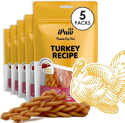 iPaw Turkey Dog Treats, All Natural Human Grade Dog Treat, Suitable for Training chew, US Sourced Raw Material, Hypoallergenic, Rawhide Alternative, Braided Stick (Duck Liver), 5packs
