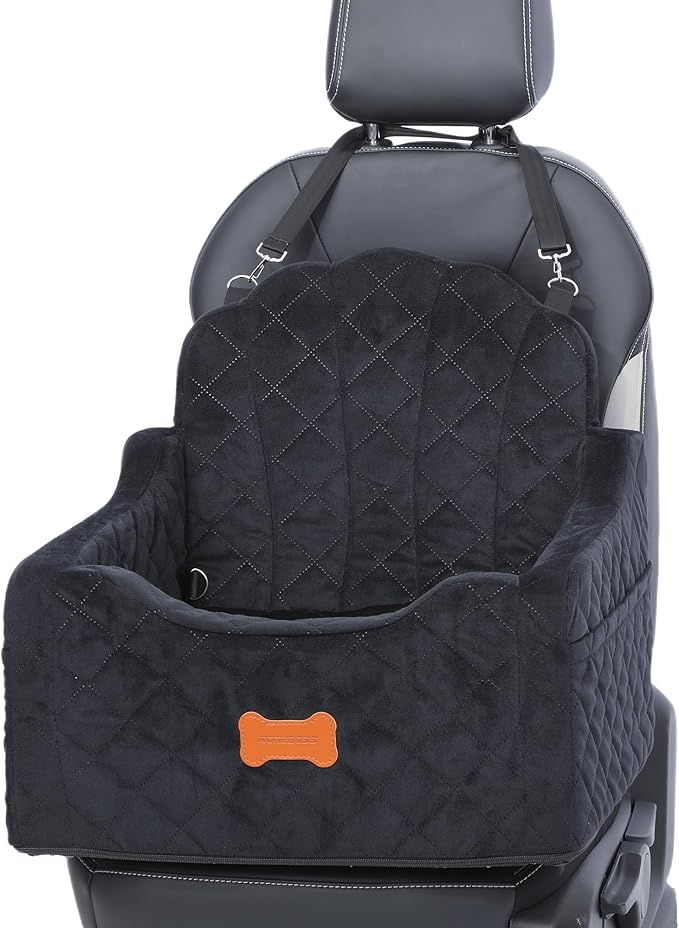 koneboss Dog Car Seat for Small Dogs Under 30lbs, Detachable Washable Pet Booster Seat with Safety Belt & Storage Pockets, Travel Car Bed, Black/Grey