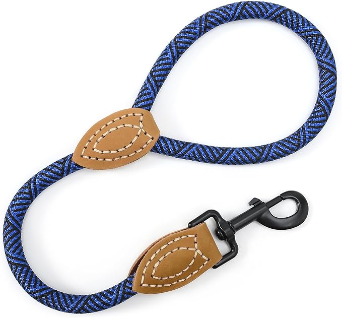 Mile High Life Short Leash for Large Dogs, Short Dog Rope Leash with Heavy Duty Metal Sturdy Clasp, Genuine Leather Tailored Connection(Blue, 18 Inch)