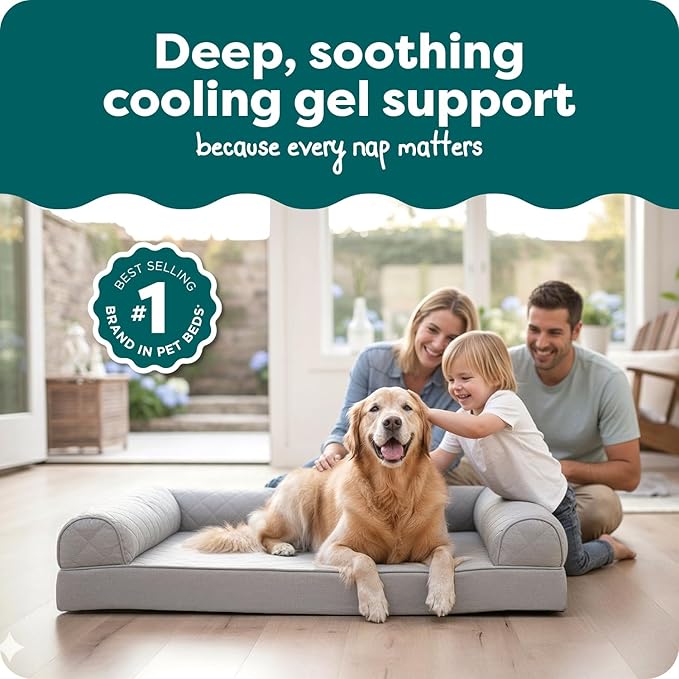 Furhaven Cooling Gel Dog Bed for Large Dogs w/ Removable Bolsters & Washable Cover, For Dogs Up to 95 lbs - Quilted Sofa - Silver Gray, Jumbo/XL