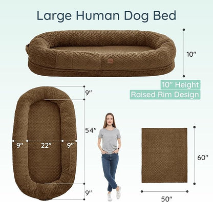 Human Dog Bed for Adult - Luxury Faux Fur Giant Size Dog Bed with Portable Handle, Egg Orthopedic Foam with Blanket, 72"x40"x10", Brown