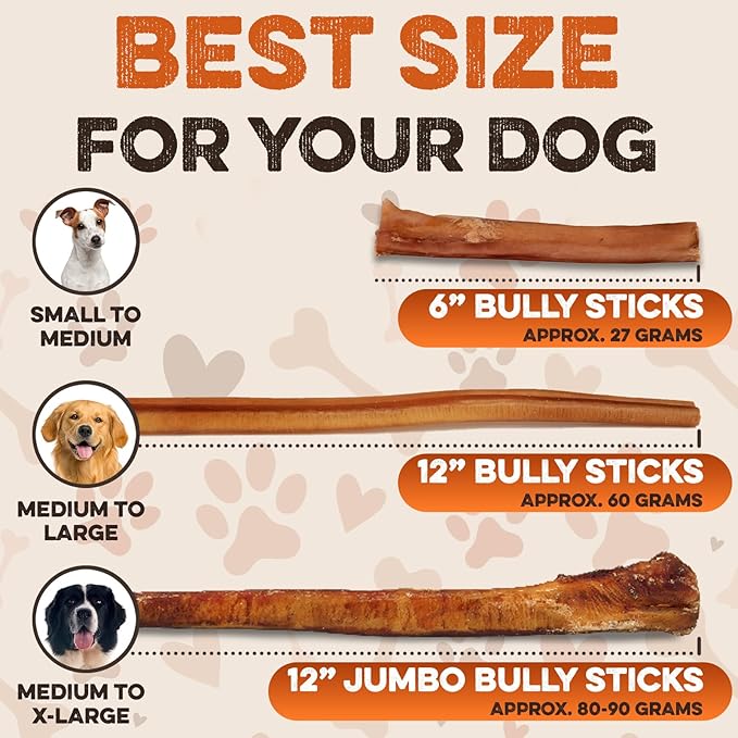 BRUTUS & BARNABY Bully Sticks for Dogs, 6" – Low-to-No Odor, Grass-Fed, Rawhide-Free Chews for Aggressive Power Chewers