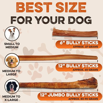 BRUTUS & BARNABY Bully Sticks for Dogs, 6" – Low-to-No Odor, Grass-Fed, Rawhide-Free Chews for Aggressive Power Chewers